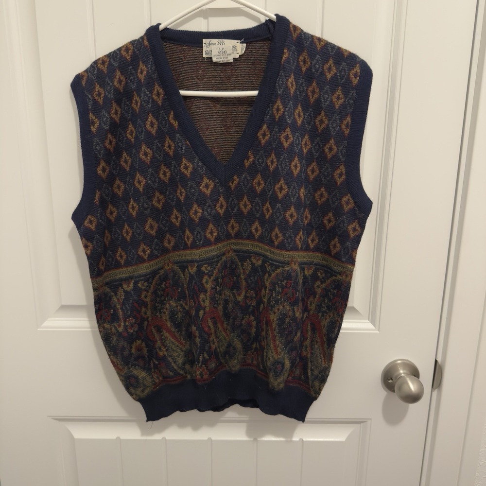 Sears Roebuck Men's Vintage Sweater Vest Navy Geometric Design Size Large